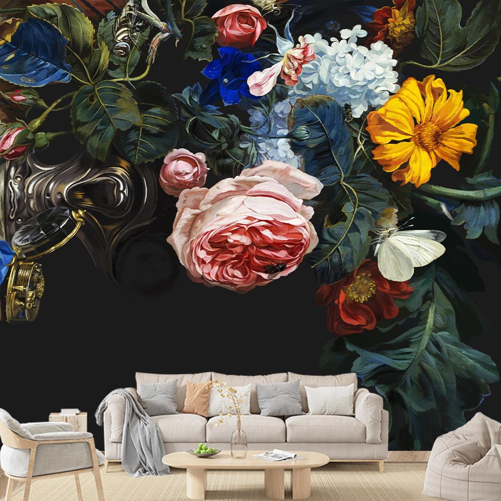 Fototapete Blumen,383cmx267cm/151" x105" Selbstklebende Fototapete Wasserdichtes abwischbares Schmetterlingsblumen-Wandbild Tapete Großer TV-Hintergrund Wandkunst 3D Wandbilder Wohnzimmer Dekoration