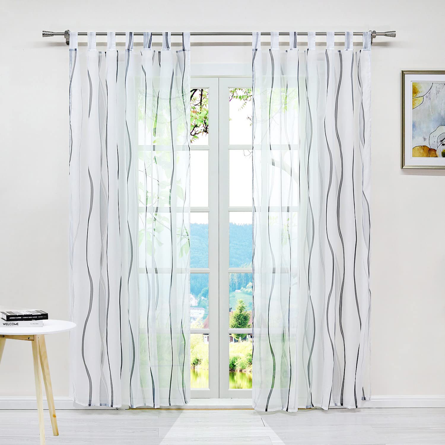 ESLIR Curtains with Loops Transparent Tab-Top Curtain Waves Pattern Voile Grey W x H 140 x 145 cm Pack of 1