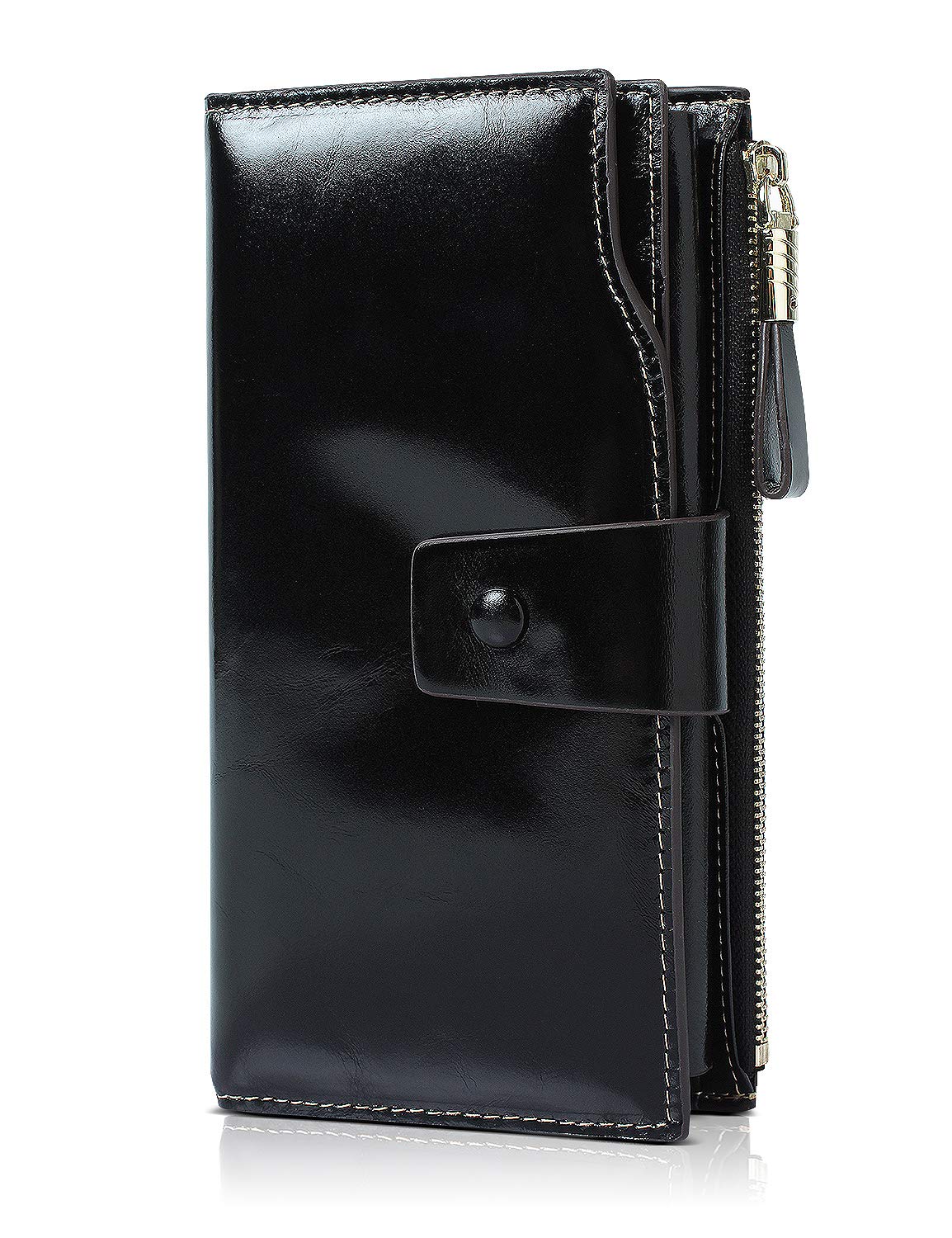 Demon&Hunter Women's RFID Blocking Large Capacity Wallets Card Leather Purse with Zipper Pocket Elegant Black DZA2083B
