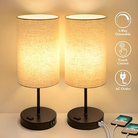Amazon Com Set Of 2 Touch Control 3 Way Dimmable Table Lamp With 2 Usb Ports Modern Nightstand Lamp With Ac Outlet Bedside Lamps With Fabric Shade Desk Lamp For Living Room Bedroom Hotel
