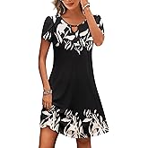HOTOUCH Women's Casual A-Line Dress with Pockets Summer Beach Floral Tshirt Dress Short Sleeve Mini Dress Flowy Sundresses
