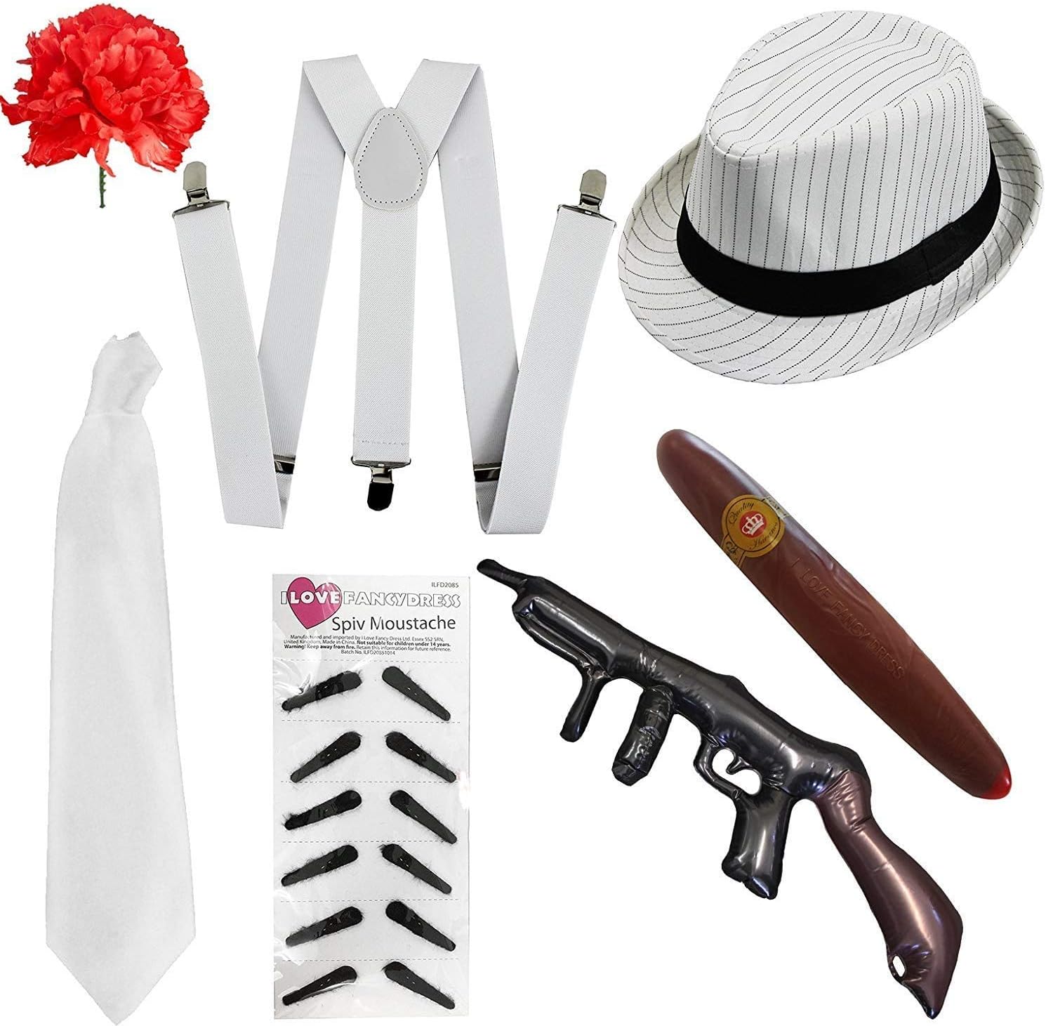 ADULTS 1920S GANGSTER ACCESSORY SET. 7 PIECE AL CAPONE FANCY DRESS KIT. 20S GANSTER FANCY DRESS ACCESSORY KIT. COLOUR: WHITE PINSTRIPE SET
