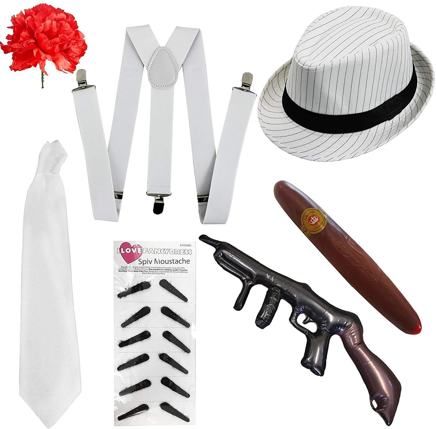ADULTS 1920S GANGSTER ACCESSORY SET. 7 PIECE AL CAPONE FANCY DRESS KIT. 20S GANSTER FANCY DRESS ACCESSORY KIT. COLOUR: WHITE PINSTRIPE SET | SIZE: ONE SIZE