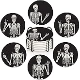 Britimes Coaster for Drinks Set of 6, Skeleton Skull Body Vintage Bones Absorbent Round Ceramic Stone Mat, with Cork Base and Metal Holder, Gift for Housewarming Room Bar Decor