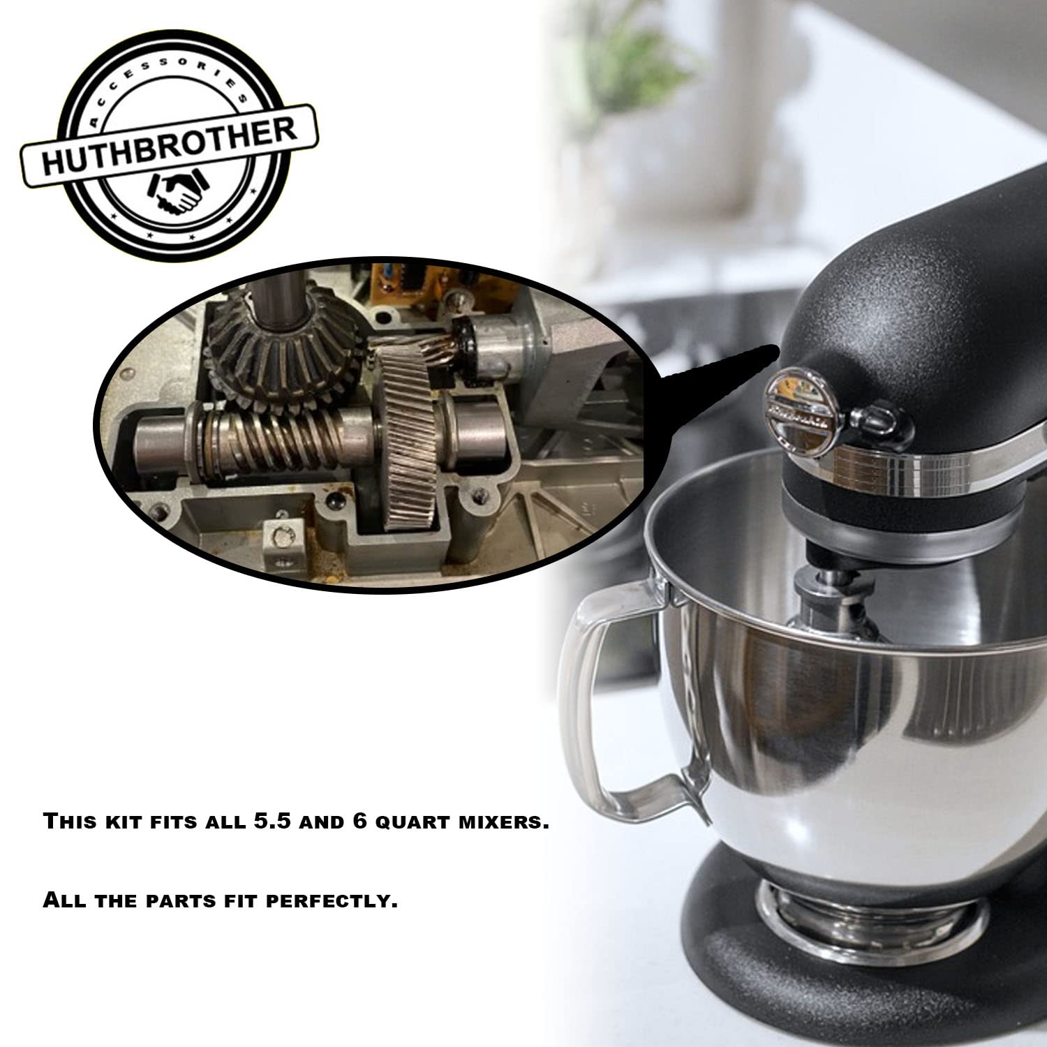 HuthBrother Worm Gear Kit Compatible With Whirlpool 5QT&6QT 9709231 Replacement Gear Parts with 9703445 Bearing & Gear 9706529 with the 9709511 Gasket and 9703680 Circlip & 1.8 OZ Food Grade Grease