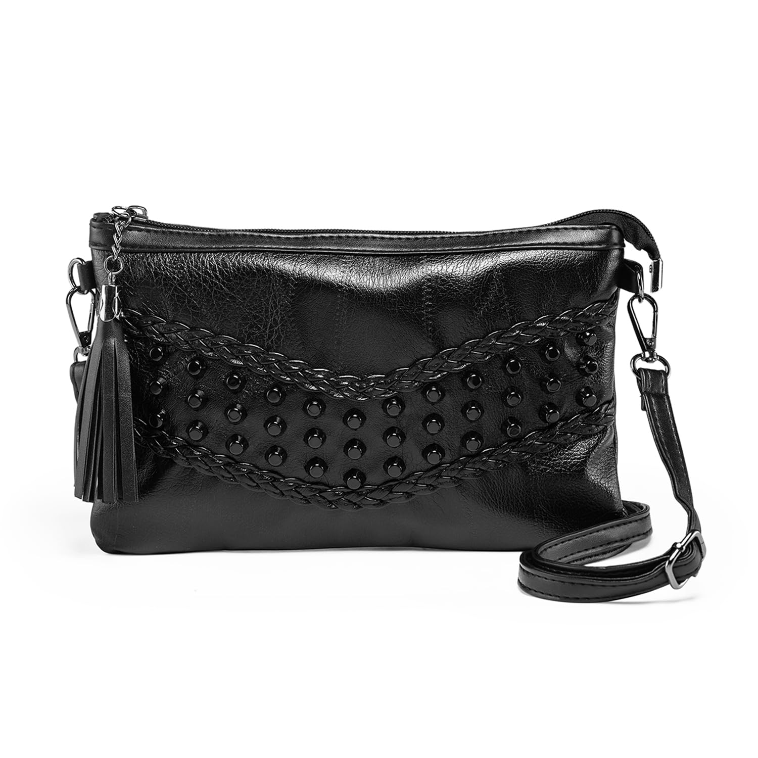 LaRechor Soft Leather Small Cross Body Bag Shoulder Bag for Women Tassel Rivets Ladies Handbags with Shoulder & Wrist Strap Clutch Evening Party Wedding (Black)