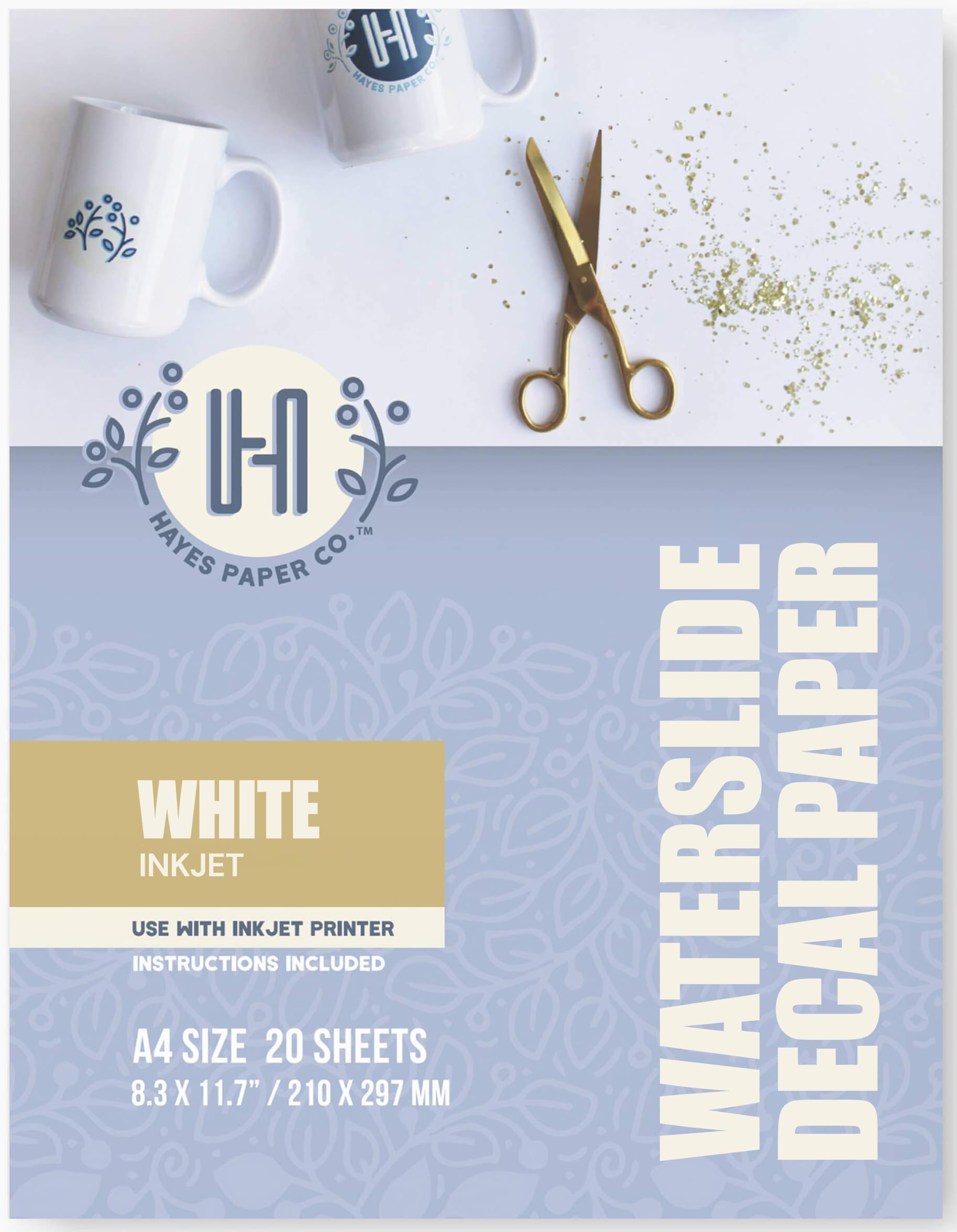 Hayes Paper Co. Waterslide Decal Paper Inkjet White - Premium A4 Water Decal Paper for Inkjet Printer - White Transfer Paper, 20 Sheets