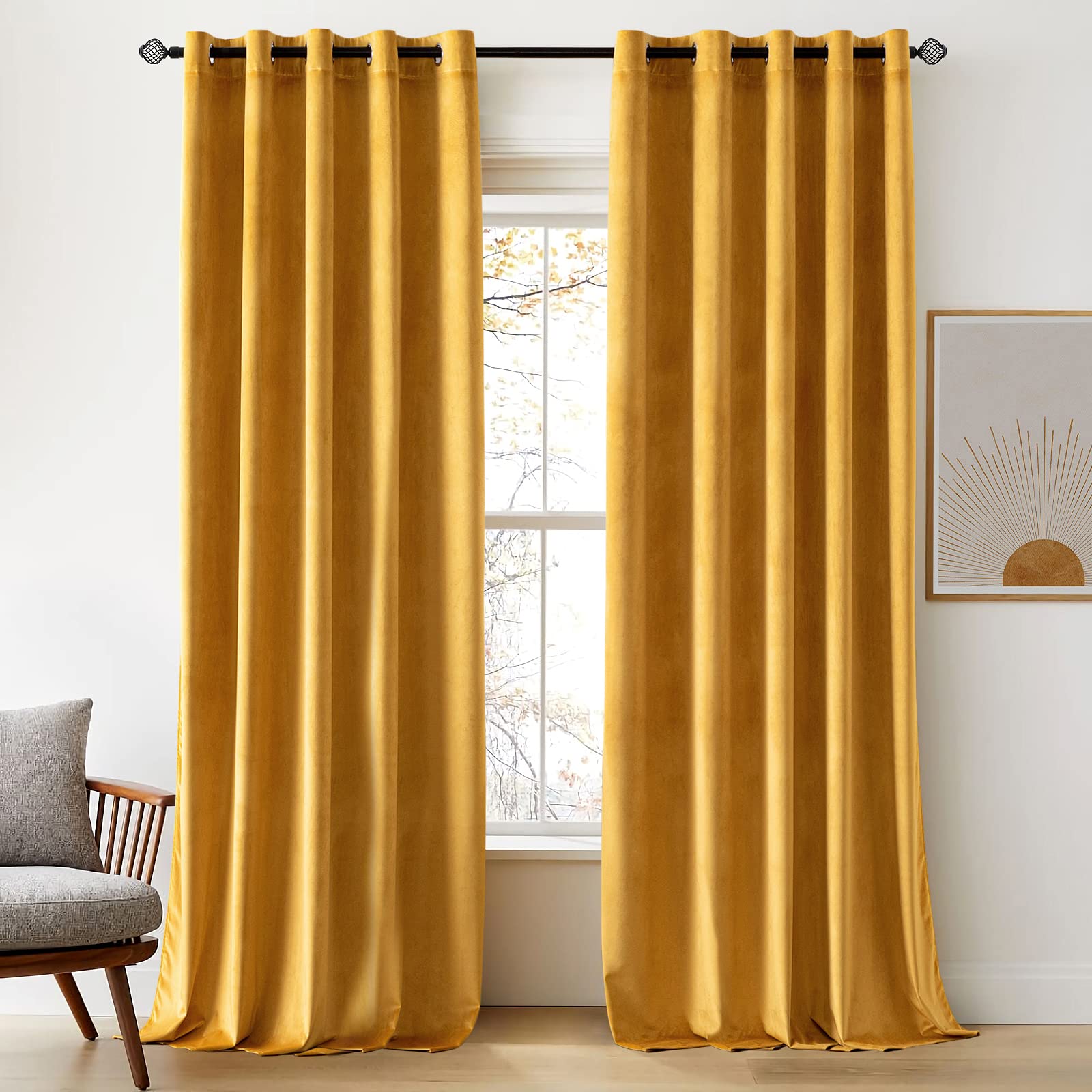 Woaboy Velvet Curtains 90 Drop Mustard Yellow Curtain for Living Room Thermal Blackout for Bedroom Luxury Eyelet Drapes Soft Window Treatment Insulated Soundproof & Room Darkening W 66 x L 90 2 Panels