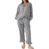 Gihuo Womens Gingham Pajama Sets Plaid Cotton Pjs Ruffle Babydoll Shirt and Pants 2 Piece Lounge Set