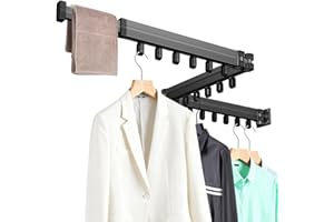 Wall Mounted Clothes Drying Rack, Foldable Retractable Laundry Rack with 3 Poles & Loop Hooks, Space-Saving Collapsible Dryin
