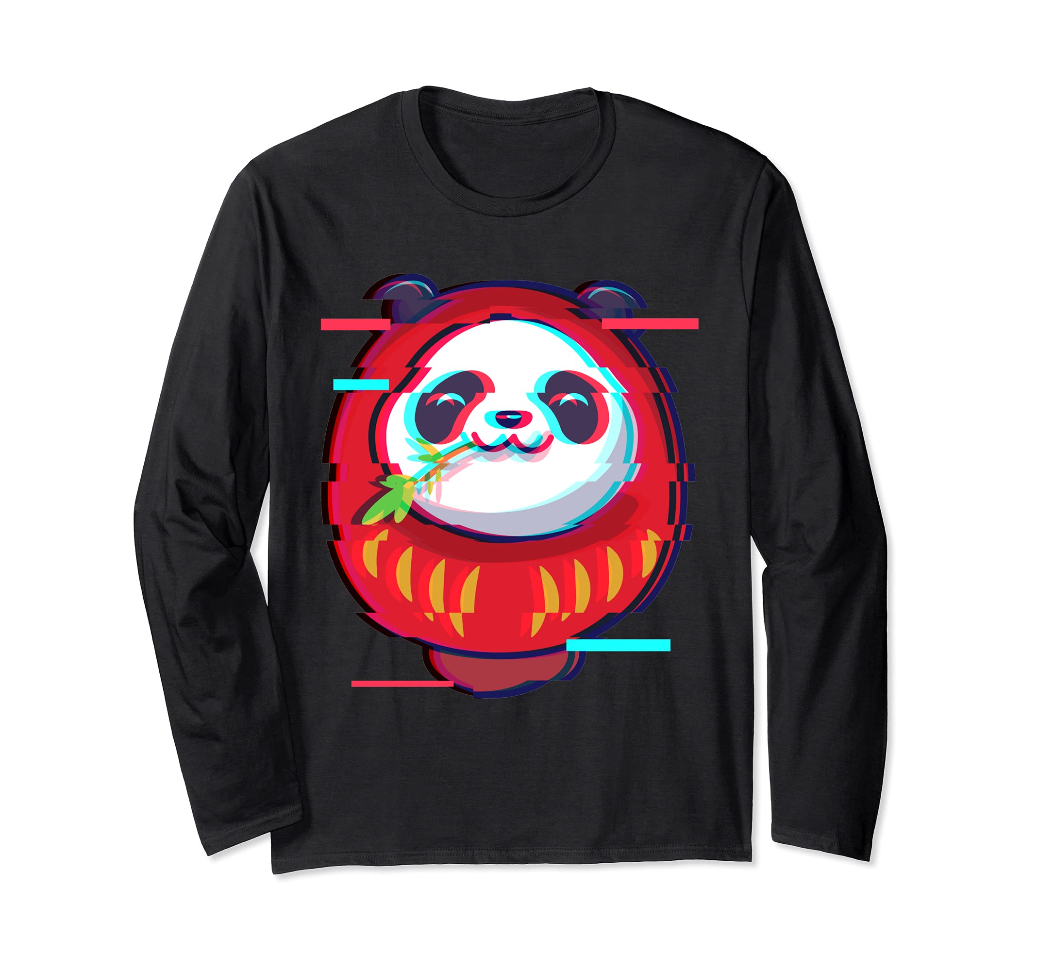 Vaporwave Japanese Daruma Doll Kawaii Panda Bear Glitch Long Sleeve T-Shirt