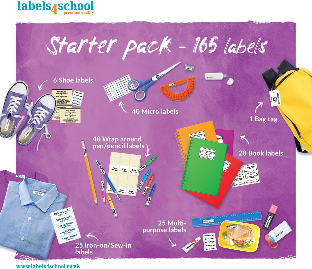 School Starter Pack - Multi Purpose Name Labels Mix Pack - 165 Labels