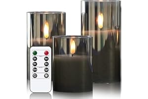 GenSwin Glass Flameless Candles with Remote Battery Operated Flickering LED Pillar Candles Real Wax 3D Wick for Wedding Festival Home Decoration(Gray,Pack of 3)