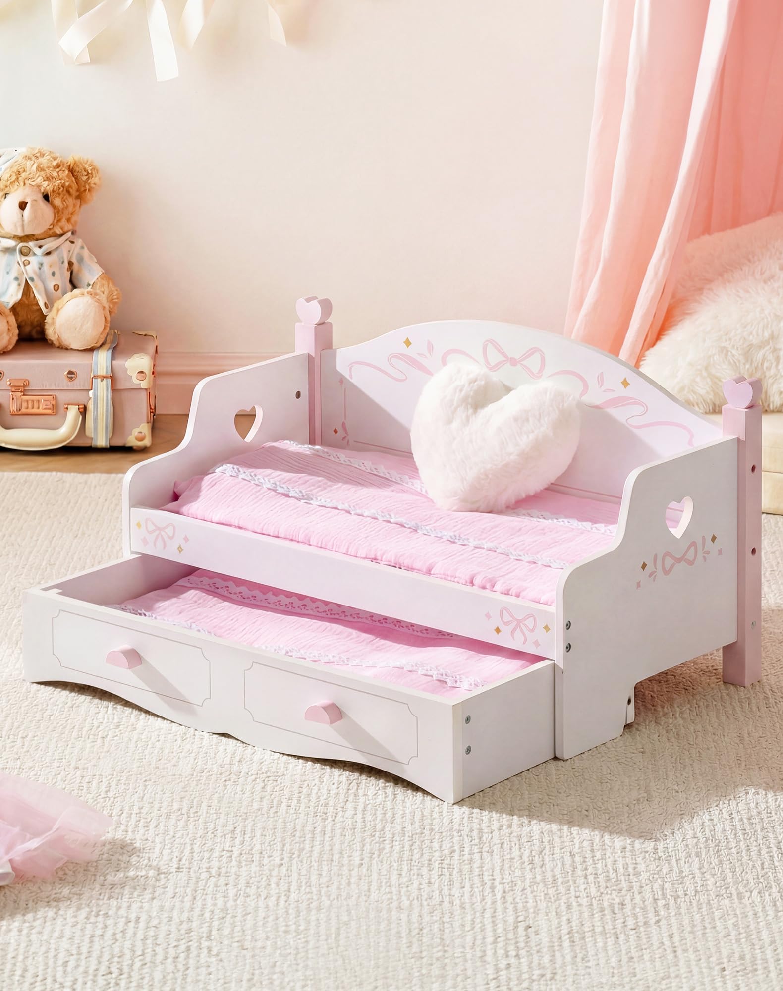 ROBOTIME Wooden Doll Double Bed, Sofa Bed with Pull-out Feature, Doll Bunk Cots with 2 Sets Beddings, Fluffy Pillow, Dolls Furniture as Gift for under 18", Ballet Fairy Series - Pink