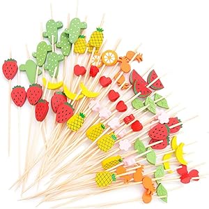 MMTX Cocktail Picks 200pcs 4.72inch Handmade Assorted Fruits Bamboo Toothpicks for Party Drink Fruit Dessert Food Appetizers Decoration