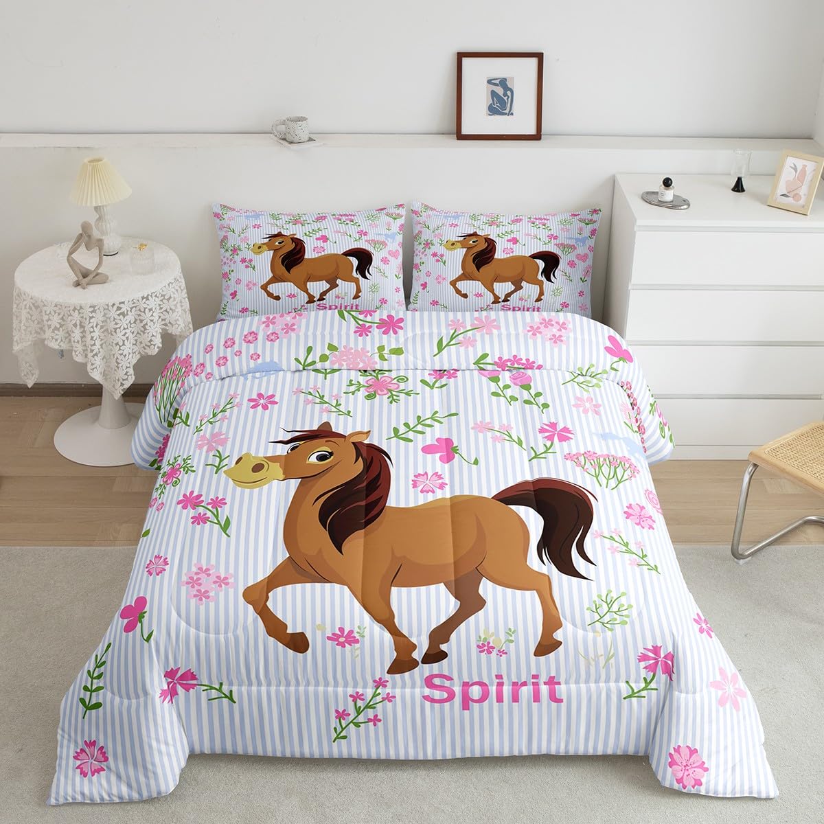 Loussiesd Girls Horse Kids Cartoon Farmhorse Floral Duvet Set for Toddler Baby Girl Pink Blue Stripe Bedding Set Breathable Spirit Horse Animal Down Comforter Single