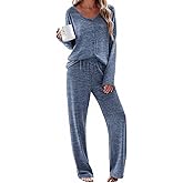 Ekouaer Womens Pajama Sets Button Up Long Sleeve Pjs Soft Lounge Set 2 Piece Sleepwear with Pockets