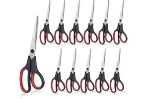 Reywoo 8.5 Inch Scissors, 12 Pack Stainless Steel Multi-Purpose Office Scissors, Comfort Grip Household Scissors, Sturdy Sharp Craft Supplies, Black&Red, Right/Left Hande