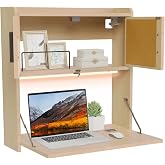 ARTETHYS Wall Mounted Desk Folding with LED Light Drop Down Hanging Desk | Multifunctional Fold Down Laptop Computer Table, Writing Workstation with Storage Compartments, Space Saving for Home