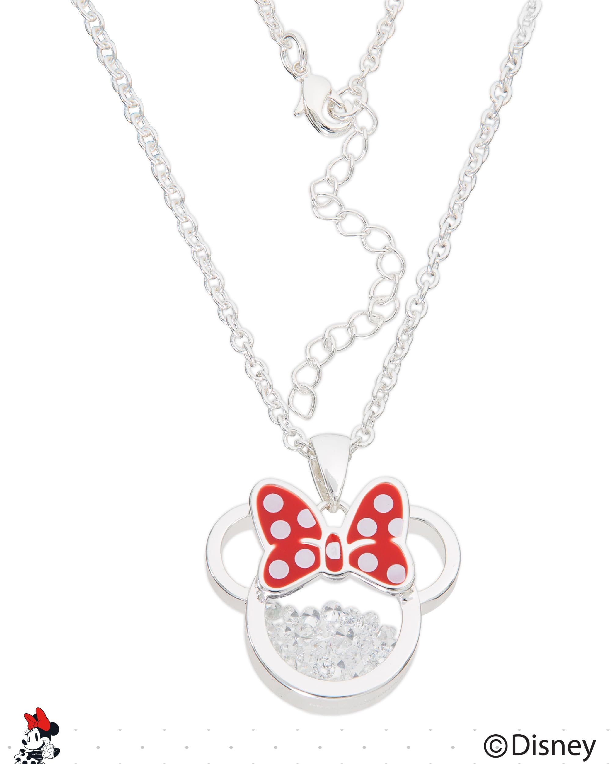 Disney Birthstone Women Jewelry Minnie Mouse Silver Plated April Clear Cubic Zirconia Shaker Pendant Necklace, 18+2