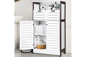 VOWNER Bathroom Cabinet, Linen Storage Cabinet with 2 Flap Drawers & Open Shelf, Floor Cabinet for Bathroom Living Room Bedroom, White