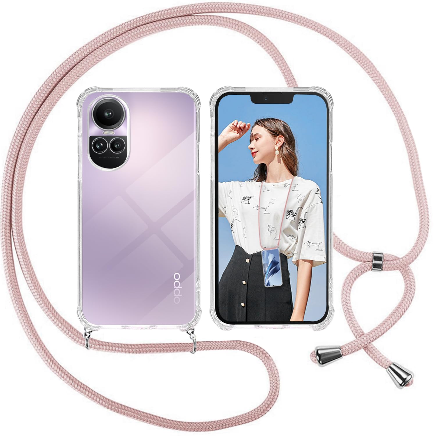 ISOI Mobile Phone Chain Case Compatible with Oppo Reno 10 5G/Reno 10 Pro 5G, Silicone Rope Necklace Mobile Phone Case with Cord Bag, TPU Bumper Protective Case for Oppo Reno 10 5G/Reno 10 Pro 5G -