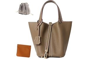 Genuine Leather Lock Design Bucket Bag Vegetable Basket, Fashionable and Versatile Shoulder Handbag
