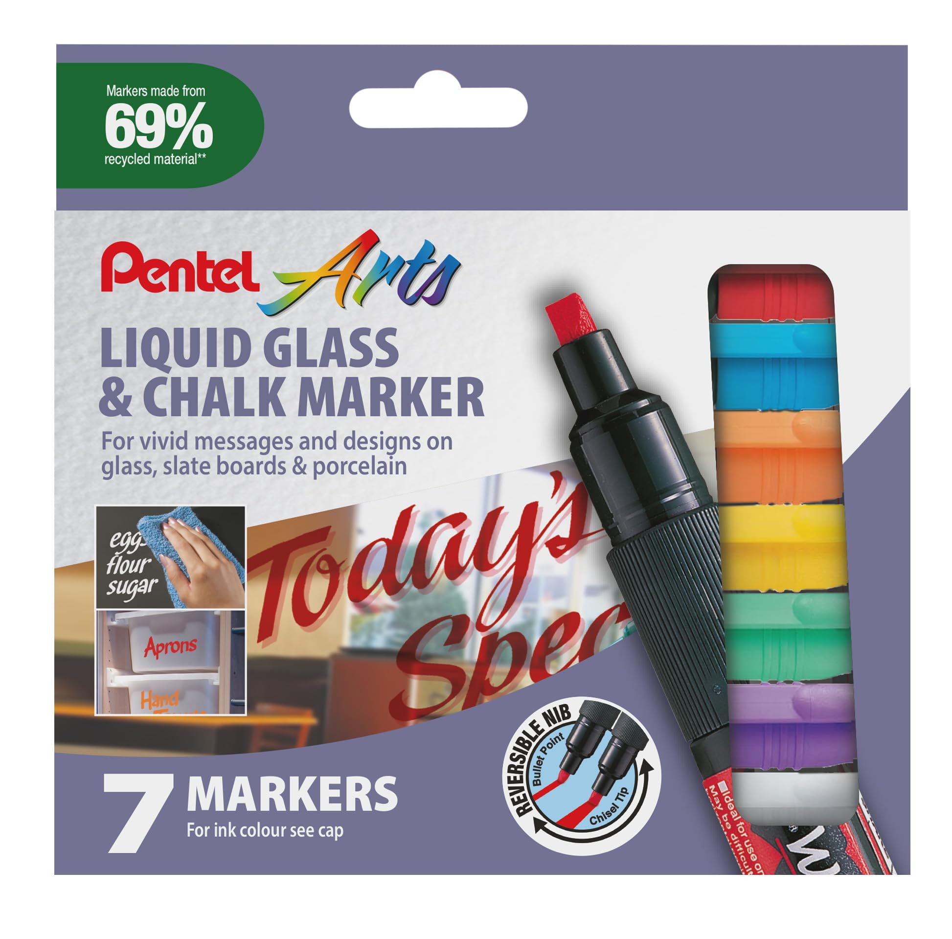 Pentel Wet Erase Chalk Marker Medium Tip - Assorted Colours, Pack of 7