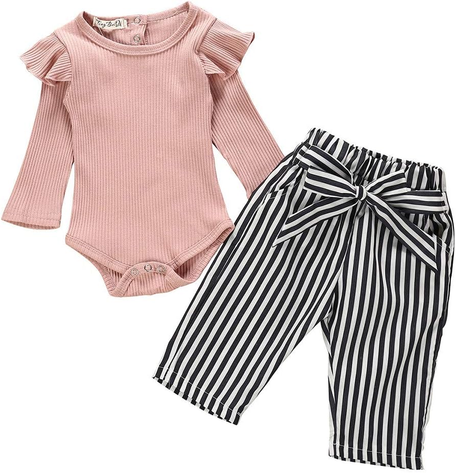 GHrcvdhw Baby Long Sleeve Solid Ruffle Romper Bodysuit Striped Pants Outfits Infant Toddler Baby Girl Clothes