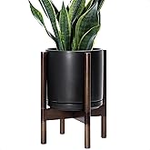 D'vine Dev Ceramic Planter with Walnut Color Stand - 10 Inch Modern Round Flower Pot with Wood Planter Holder, Black, 55-B-X-2