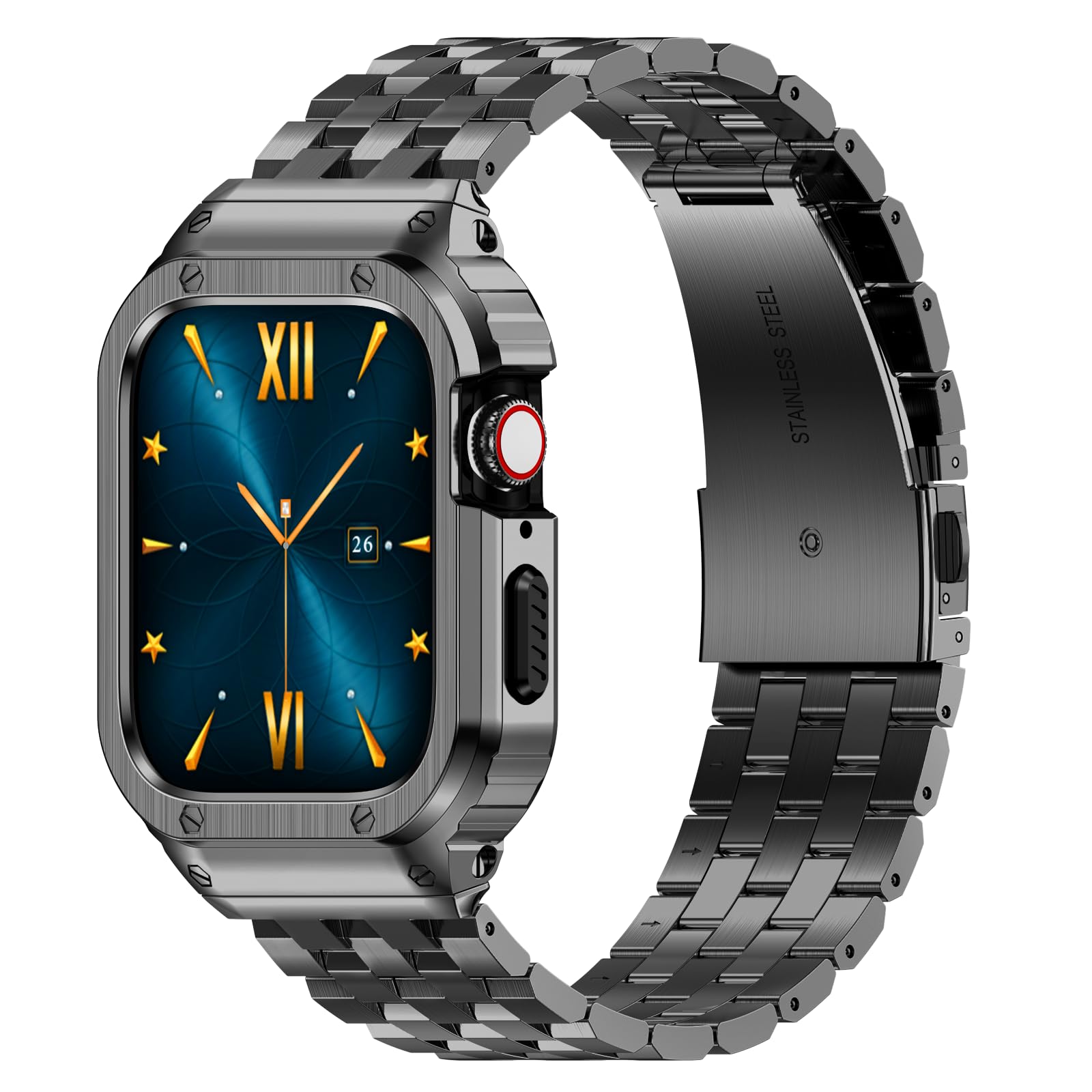 HASLFM Apple Watch Straps Compatible for Apple Watch 44m(Series 6/5/4/SE), 42m(Series 3/2/1) Rugged Metal Stainless Steel iWatch Band with Protective Case for Men，Grey