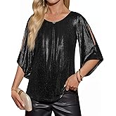 Yousify Womens 3/4 Sleeve Tops Trendy Glitter Sparkly Pleated Blouse Casual Party Crewneck Loose Fit Shirts