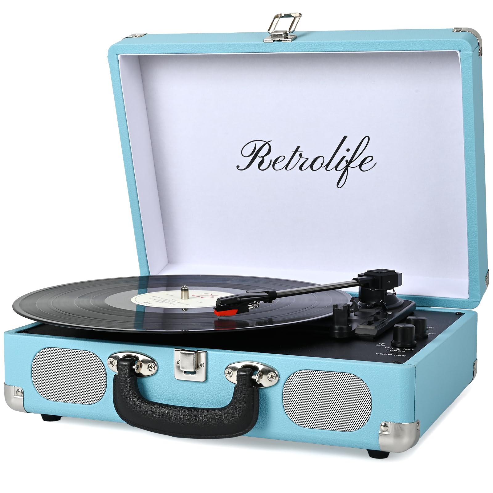 Vinyl Record Player with Speakers Vintage Turntable for Vinyls Records Wireless Playback Belt-Driven Turntable Support 3-Speed RCA Line Out AUX in Headphone Jack Blue Image