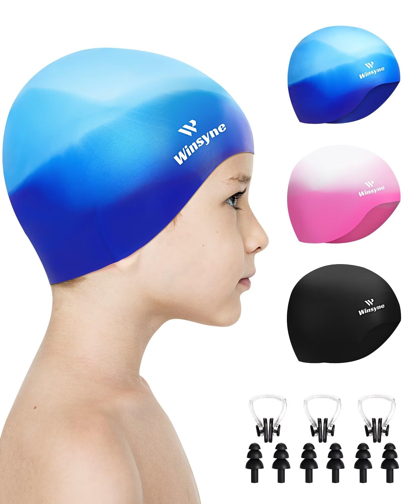 Winsyne 3 Pack Kids Swimming Cap for Boys Girls, Unisex Silicone Swimming Hat for 3-15 Toddler Children Teen, Waterproof Bathing Swim Cap for Short/Long Hair to Keep Hair Dry-Multicolor-01