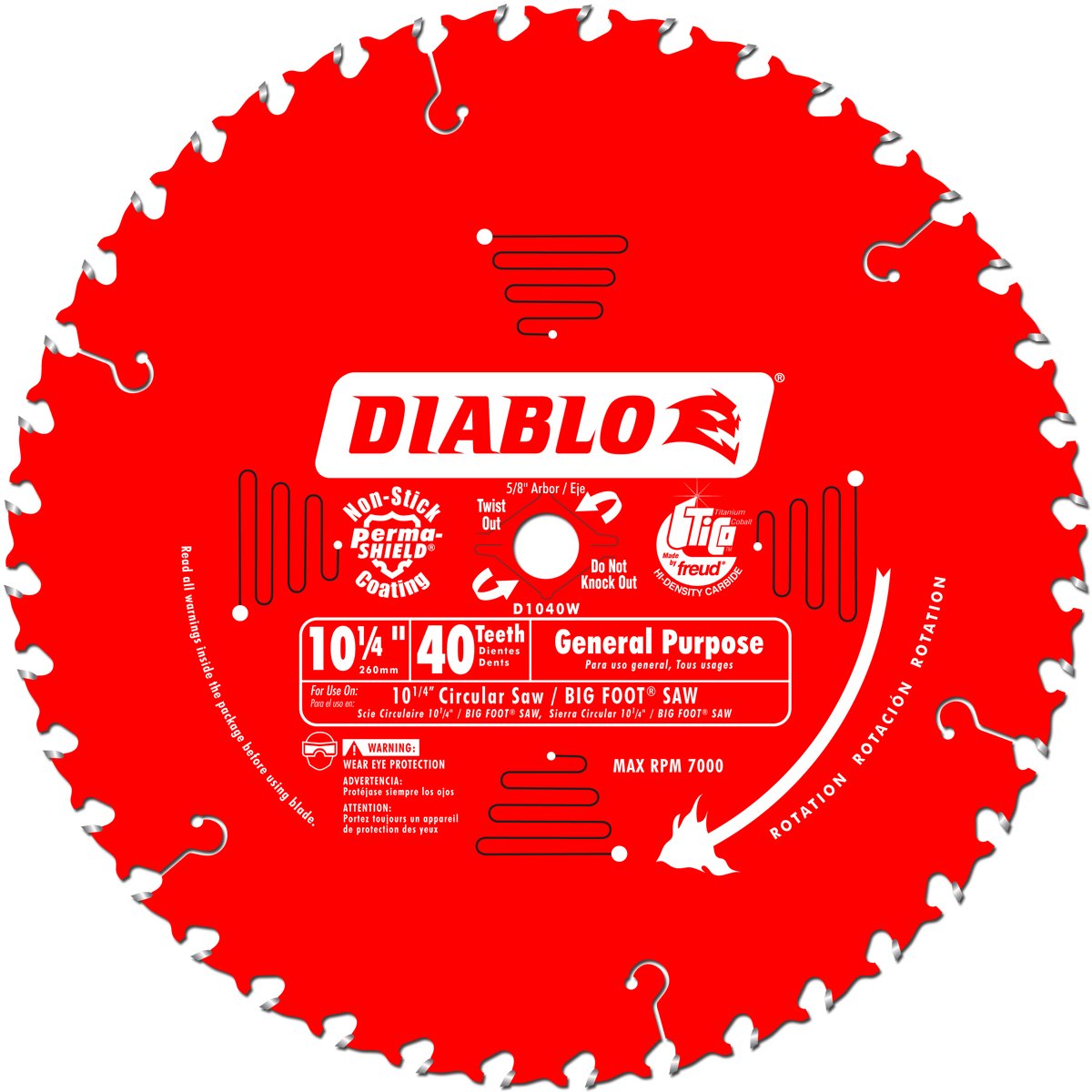 Diablo Hoja de sierra de uso general para madera - 12 de diámetro, 40 dientes ATB, eje de 5/8, corte de 0,087, ángulo de gancho de 18, placa de 0,063, 7000 RPM máx. - D1040W, rojo