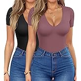 HOTOUCH Deep V Neck Tops for Women Sexy Low Cut Summer Ribbed Knit T Shirts Slim Fit Stretchy Basic Fashion Tee