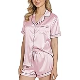NY Threads Women's Silk Satin Pajamas Set Button Down Top and Shorts 2 Piece Sleepwear Loungewear Pjs Set