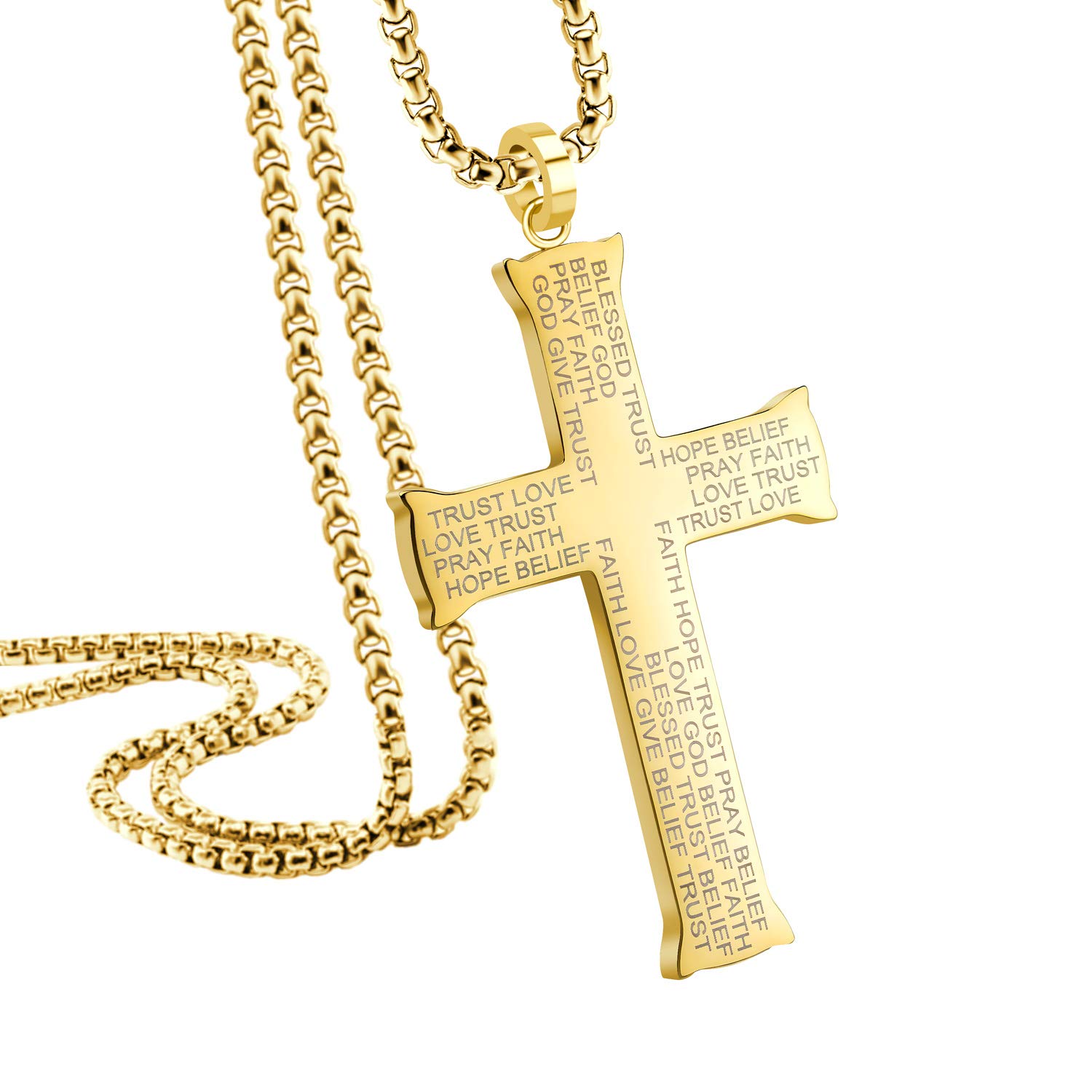 555Jewelry Stainless Steel Cross Necklace for Men, Bible Verse Inspired Evngraving Polished Religious Crucifix Cross Pendant for Men & Women, Gold, 24 Inches Box Chain