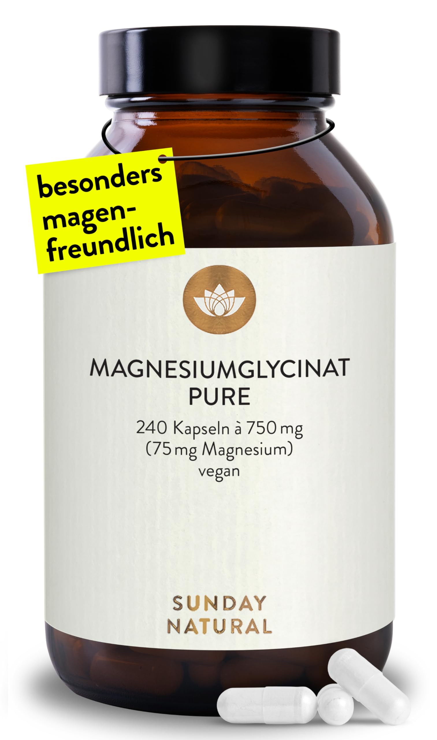 SUNDAY NATURAL® Magnesium Bisglycinat Premium - 240 Kapseln - 150mg reines Magnesium Glycinat Tagesdosis - Magnesiumglycinate als organisches Aminosäurechelat – Laborgeprüft, vegan