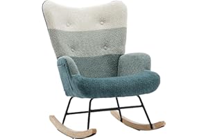 FurniTribe Rocking Chair for Nursery, Upholstered Teddy Fabric Nursing Chair with High Backrest, Modern Accent Glider Rocker Chair for Living Room Bedroom (Green+Dark Green)