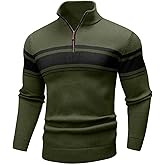 Wizoat Mens Sweater Quarter Zip Sweater Casual Striped Long Sleeve Fall Winter Warm Polo Pullovers