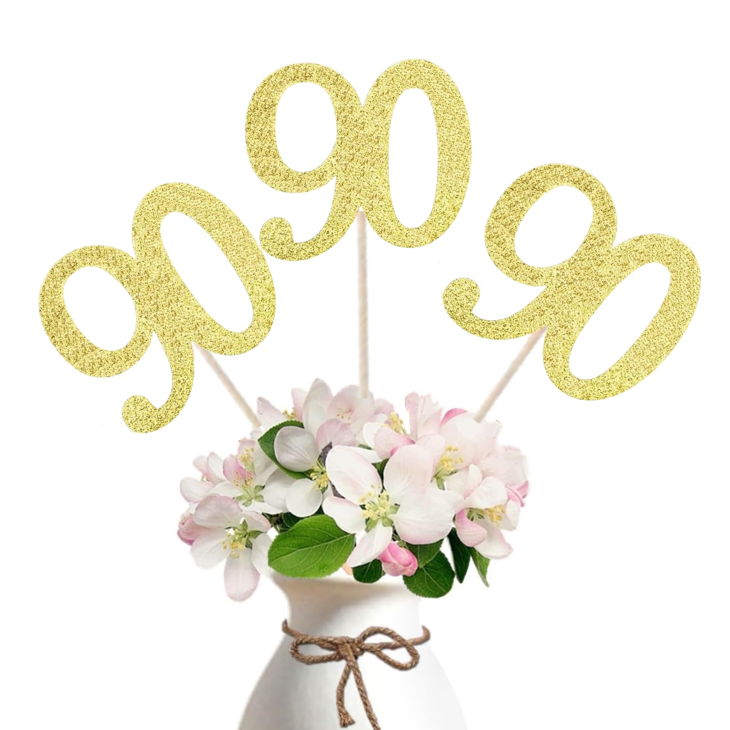 Photo 1 of 10-Pack Double Sided Glitter 90th Birthday Centerpiece Anniversary Centerpiece Sticks, Number 90 Table Topper Cake Topper for 90th Birthday Anniversary Table Party Decorations (Double Sided gold)