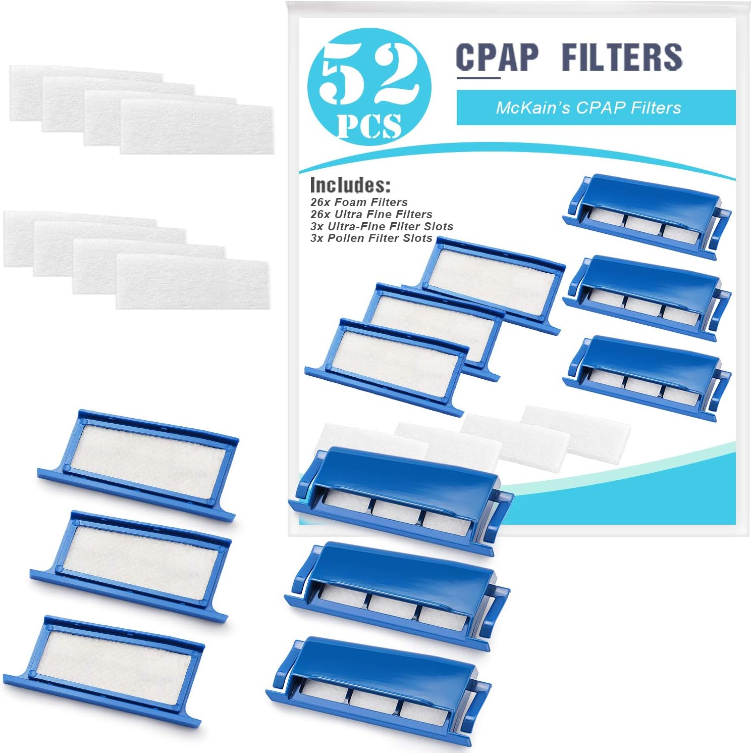 CPAP Filters 52 Packs Compatible with Dreamstation- Assembly Filter Into Reusable Frame Kit - 26 Foam Filter + 26 Ultra-fine Filter + 3 Frame-Pollen & Hypoallergenic Supplies by McKain