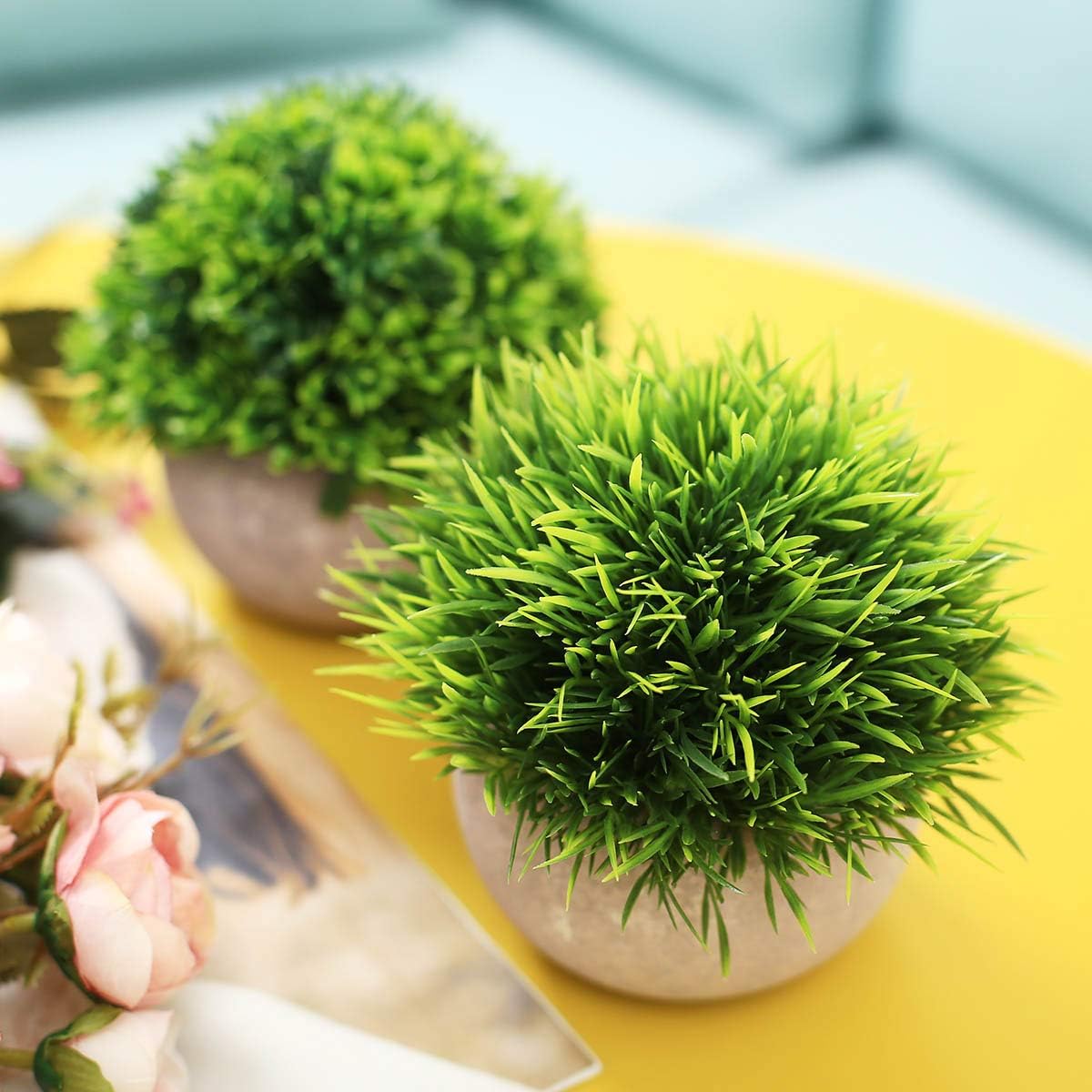 UltraOutlet 2 Pack Small Artificial Plants Centerpiece in Pot Fake Mini Decorative Potted Topiary Shrubs for Office, Home, Inddor, Room Decoration, Green -