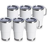 20oz Tumbler Bulk with Lid, Stainless Steel Tumbler Bulk with Handle, Metal Insulated Travel Coffee Mug Set with Handle, Double Wall Vacuum Leak Proof Tumbler Cup, White 6 Pack