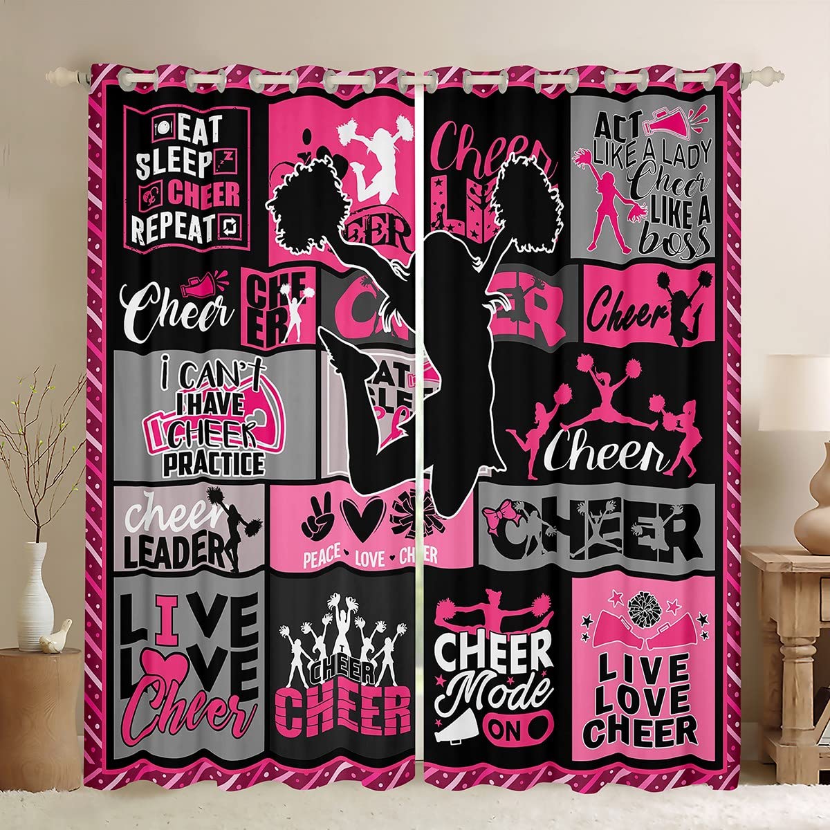 feelingyou Cheerleader Blackout Curtains,Girls Dancer Curtain,Geometric Checkered Window Drapes for Kids Teens Boys Young Man,Modern Bedroom Decorative,Pink Gray Black Curtain,46Wx54L