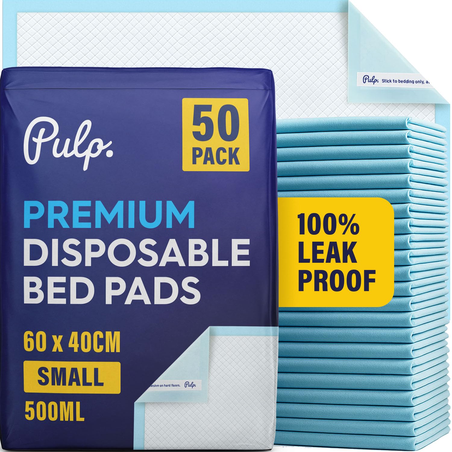 50 x PULP Incontinence Bed Pads 60 x 40cm | Adhesive Strips | Small Disposable Incontinence Pads | Super Absorbency Incontinence Bed Sheets For Adults, Children & Babies | 500ML Capacity