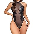 Girece Women Teddy Lingerie Sexy Mesh Bodysuit Halter Snap Crotch Body Suits Sheer Emboroidered One Piece Babydoll
