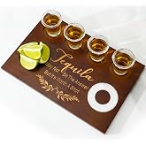 Tequila Shot Board Wooden Serving Tray with Shot Glass Holders, Salt Rim | 8 x 11.8 in wooden serving tray with lime section and salt rim for liquor bars, parties, cocktail nights and gifts