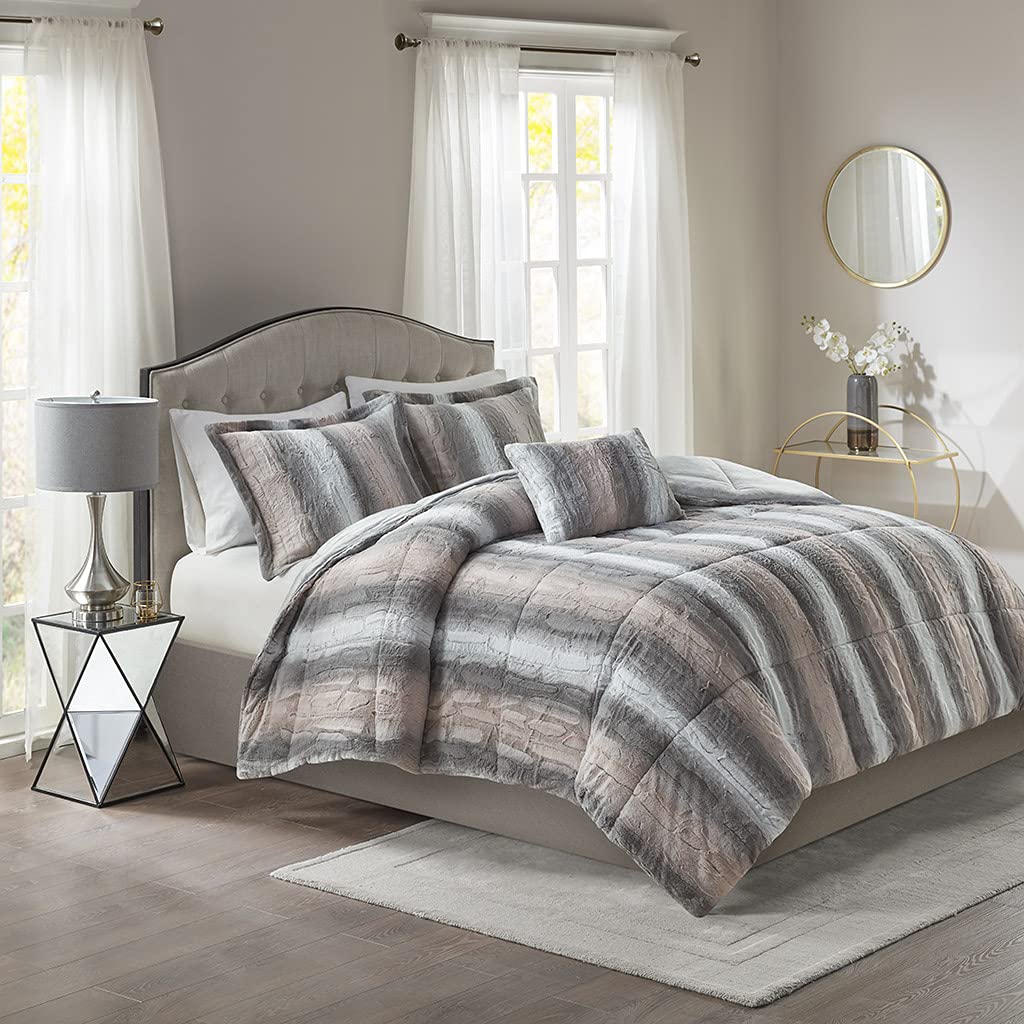 Madison Park Zuri Soft Plush Comforter Set, Faux Fur Animal Stripes Design, Faux Mink On The Reverse, Modern All Season Bedding Set with Matching Sham, King, Blush/Grey 4 Piece Image